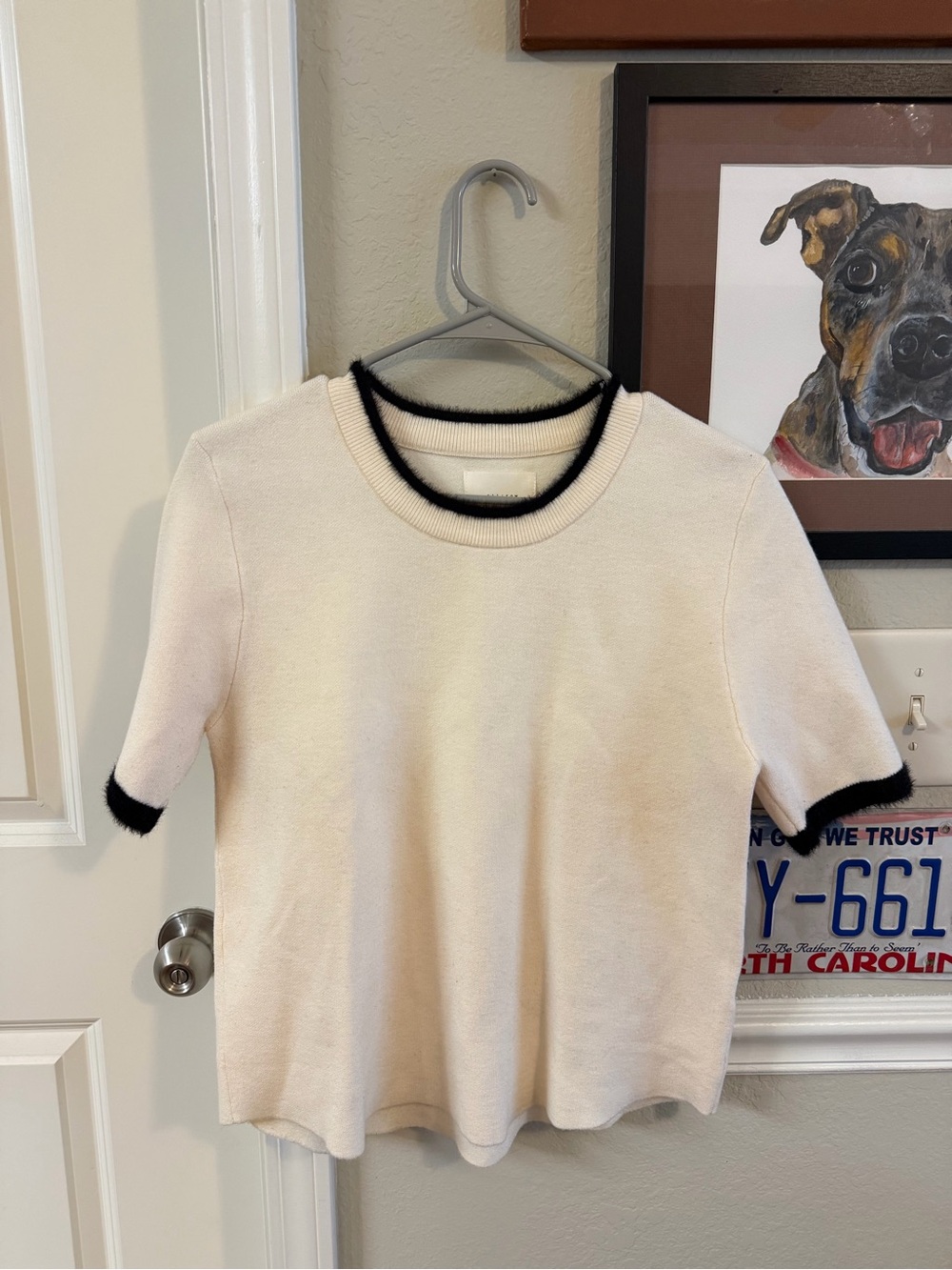 Cream Short-Sleeve Knit Top with Black Trim - Classic Crewneck